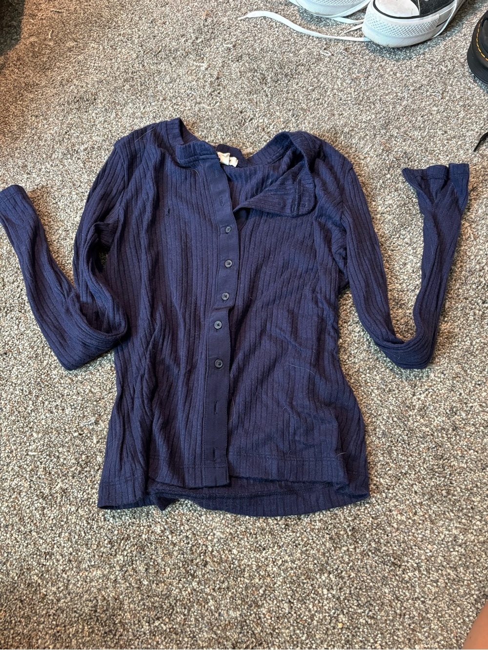 aerie Navy Ribbed Button-Down Long Sleeve Top